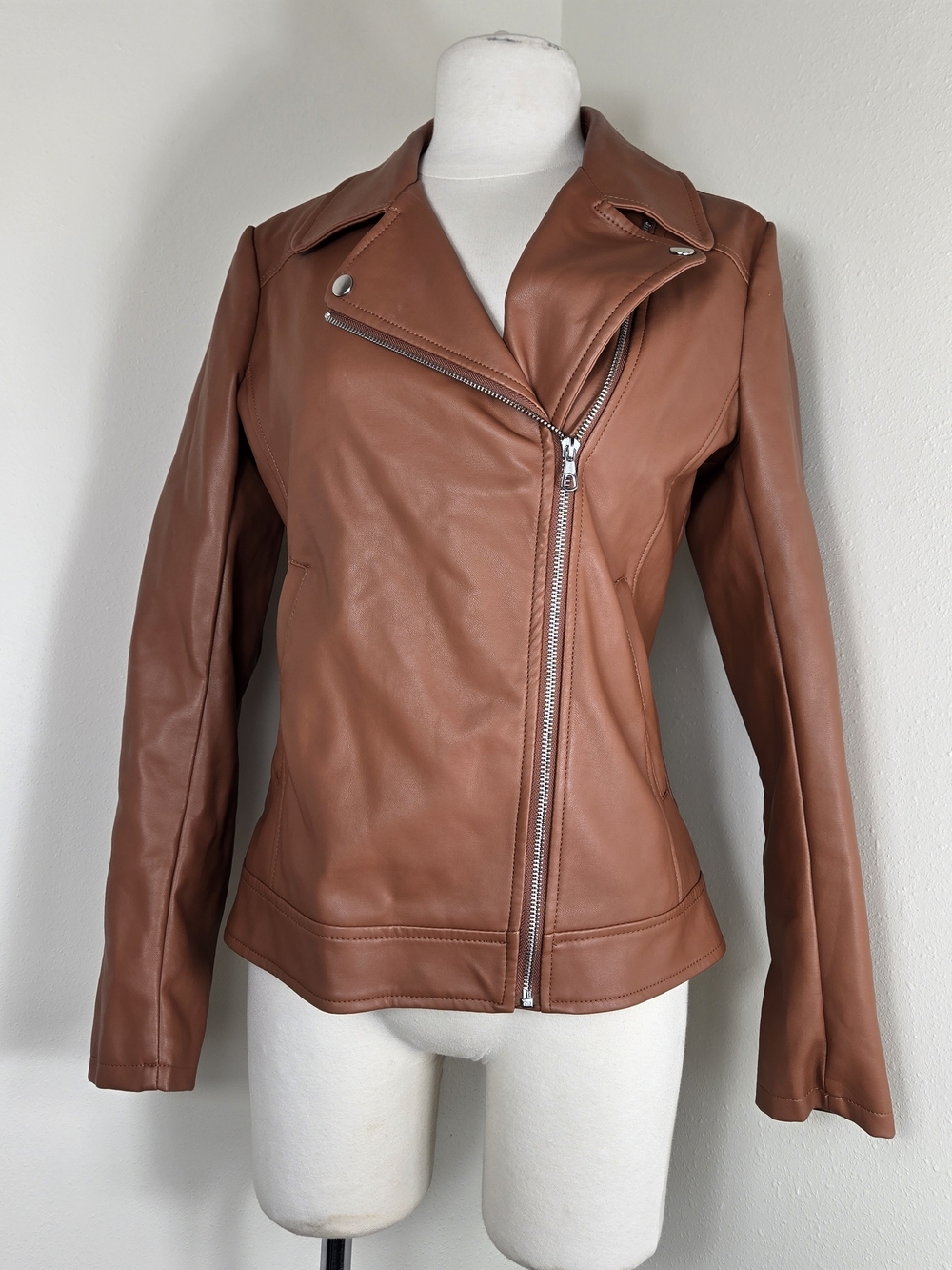 Women's Cropped Asymmetrical Faux Leather Jacket - Brown